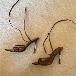 Chic Brown Strappy Heels with Metallic Accents
